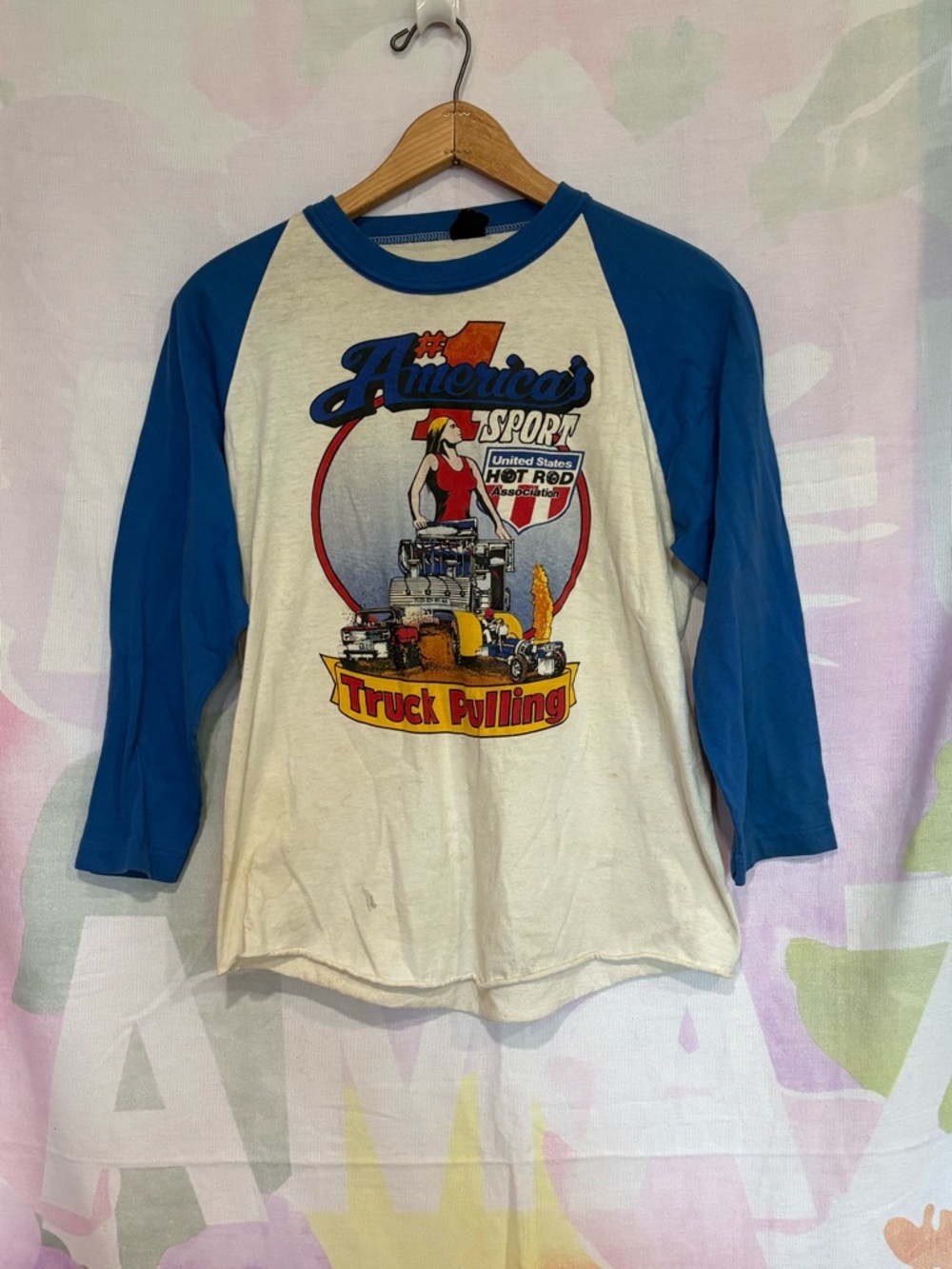 Vintage Truck Pulling Graphic Raglan Tee Blue White Hot Rod America #1 Sport GUC